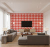 Pienet Kivet Contemporary Illustration - Scarlet and Eggshell | Architectural Wallcoverings - Living Room Visualization (AI-generated, may not be to scale. Verify pattern scale with product specifications.)