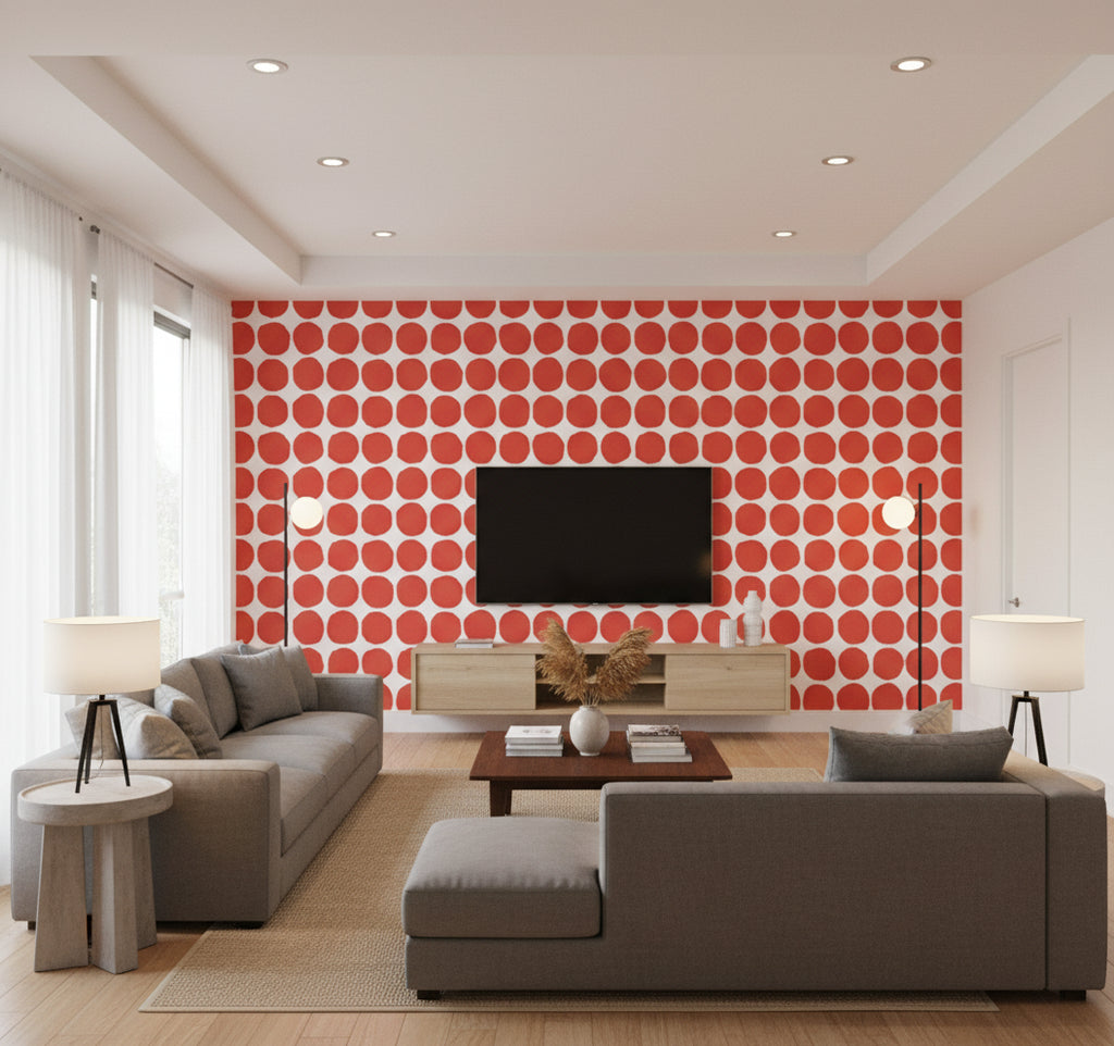 Pienet Kivet Contemporary Illustration - Scarlet and Eggshell | Architectural Wallcoverings - Living Room Visualization (AI-generated, may not be to scale. Verify pattern scale with product specifications.)