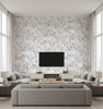 Iltavilli Contemporary Illustration - Ebony and Cream | Architectural Wallcoverings - Living Room Visualization (AI-generated, may not be to scale. Verify pattern scale with product specifications.)