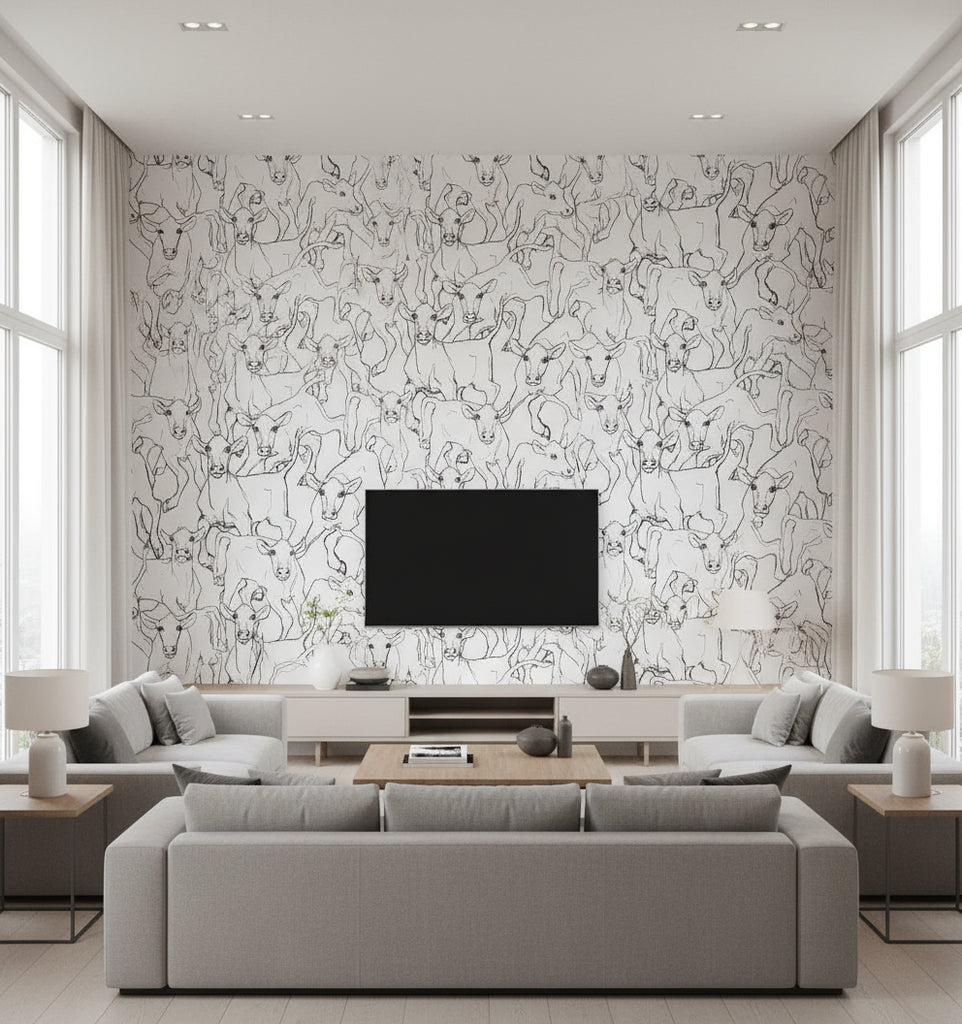 Iltavilli Contemporary Illustration - Ebony and Cream | Architectural Wallcoverings - Living Room Visualization (AI-generated, may not be to scale. Verify pattern scale with product specifications.)