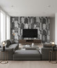 Ruutukaava Contemporary Illustration - Ebony and Eggshell | Architectural Wallcoverings - Living Room Visualization (AI-generated, may not be to scale. Verify pattern scale with product specifications.)