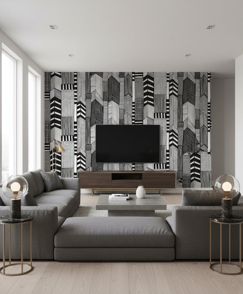 Ruutukaava Contemporary Illustration - Ebony and Eggshell | Architectural Wallcoverings - Living Room Visualization (AI-generated, may not be to scale. Verify pattern scale with product specifications.)