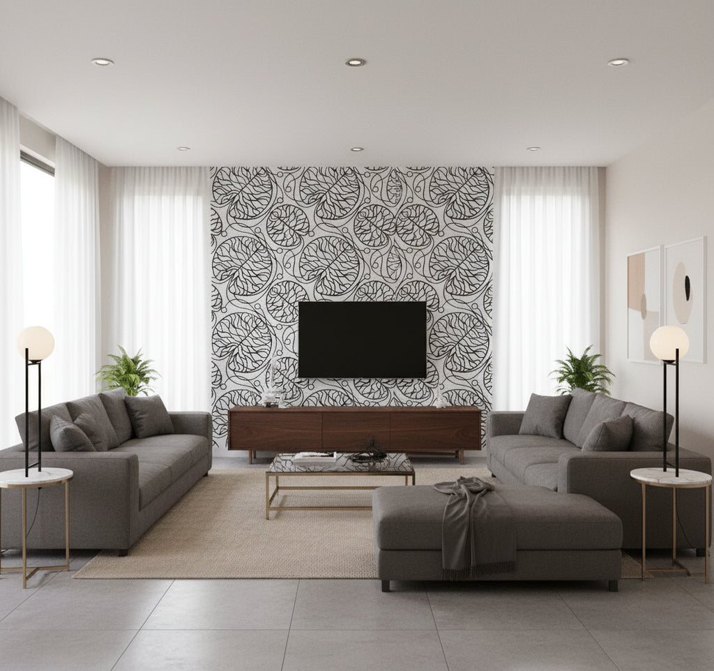 Bottna Contemporary Illustration - Ebony and Eggshell | Architectural Wallcoverings - Living Room Visualization (AI-generated, may not be to scale. Verify pattern scale with product specifications.)