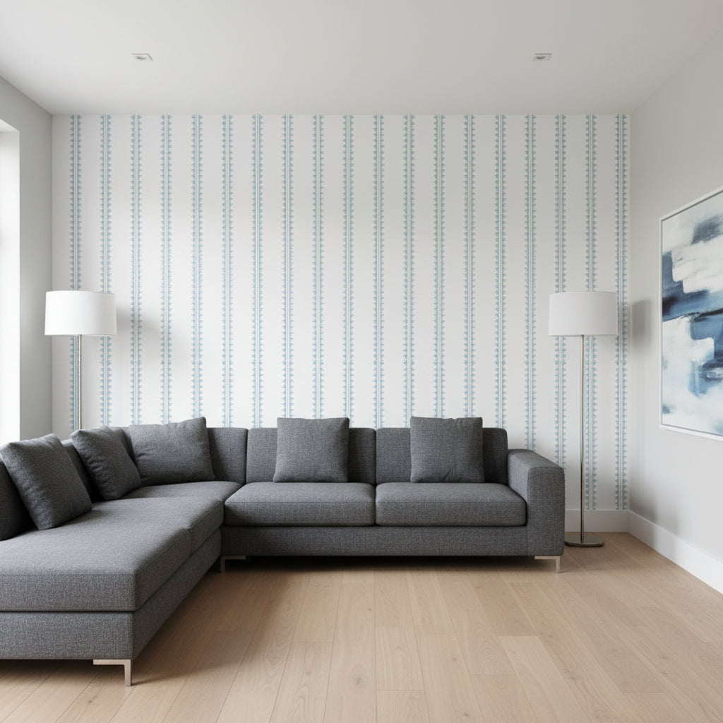 Agave Stripe French Blue | Thibaut Wallcoverings - Living Room Visualization (AI-generated, may not be to scale. Verify pattern scale with product specifications.)