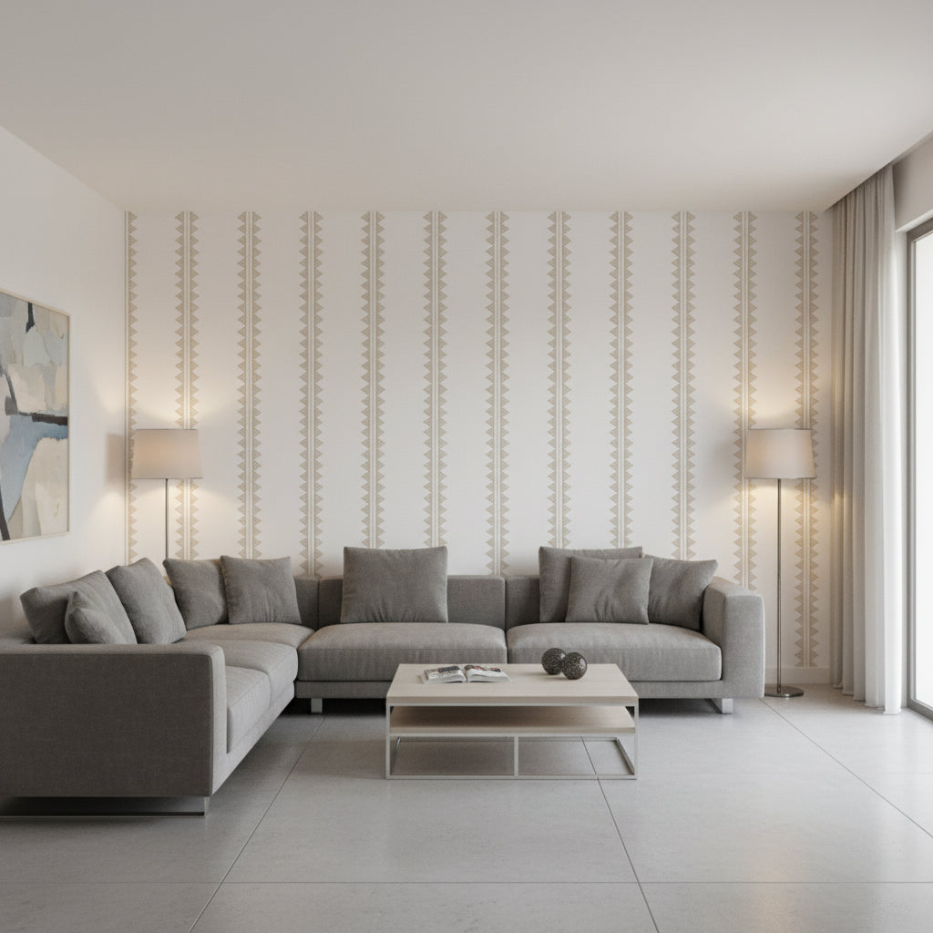 Agave Stripe Camel | Thibaut Wallcoverings - Living Room Visualization (AI-generated, may not be to scale. Verify pattern scale with product specifications.)