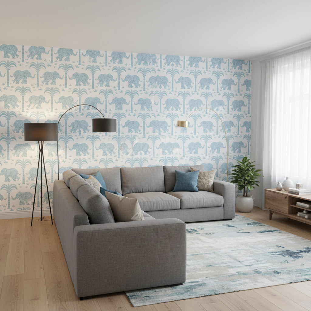 ELEPHANT French Blue | Thibaut Wallcoverings - Living Room Visualization (AI-generated, may not be to scale. Verify pattern scale with product specifications.)