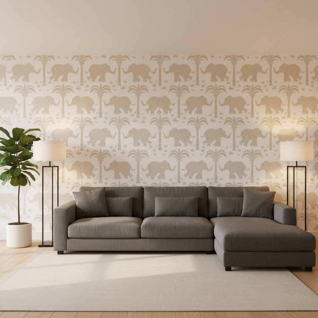 ELEPHANT Beige | Thibaut Wallcoverings - Living Room Visualization (AI-generated, may not be to scale. Verify pattern scale with product specifications.)