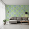 EMILY Green and Blue | Thibaut Wallcoverings - Living Room Visualization (AI-generated, may not be to scale. Verify pattern scale with product specifications.)