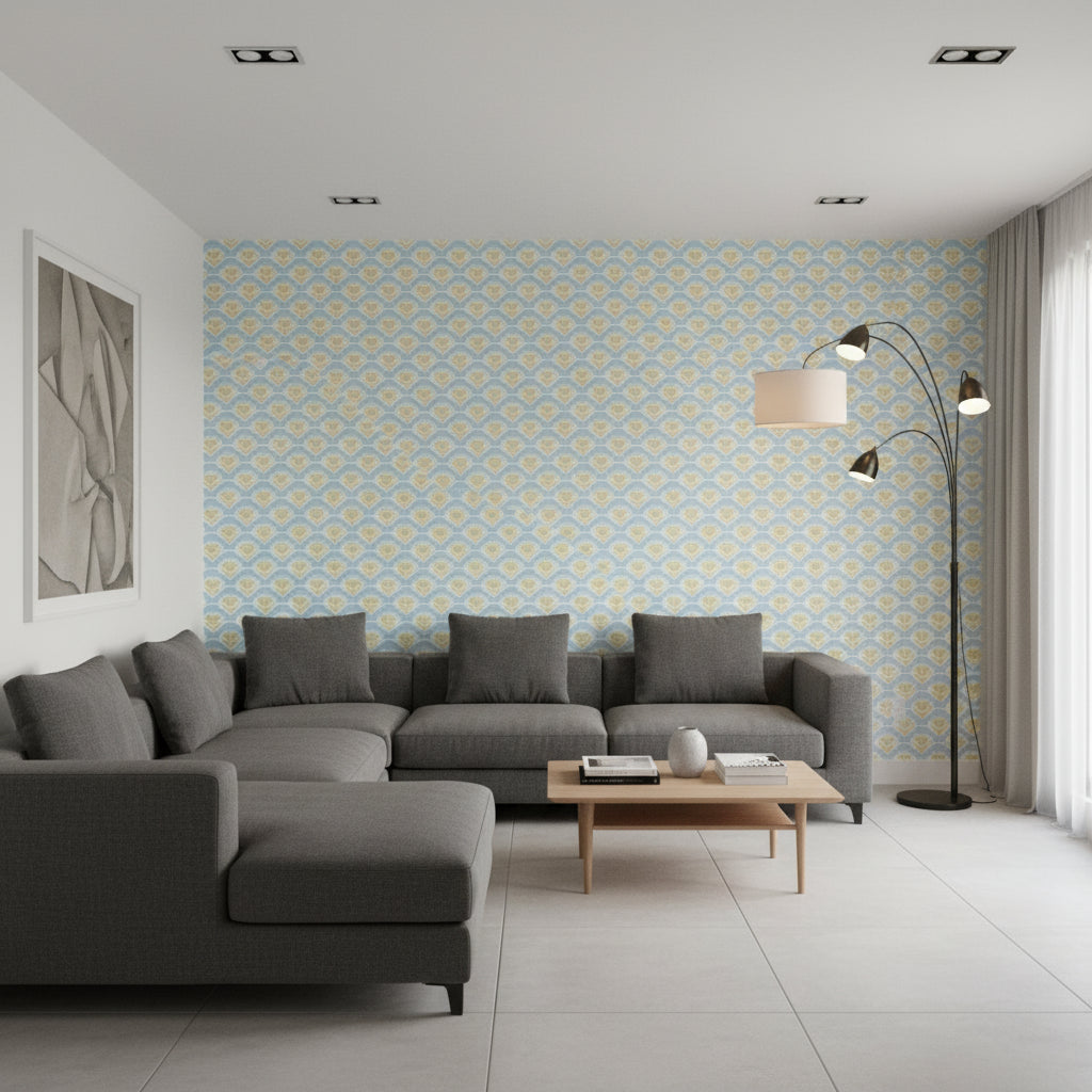 EMILY Yellow and Blue | Thibaut Wallcoverings - Living Room Visualization (AI-generated, may not be to scale. Verify pattern scale with product specifications.)