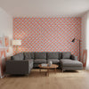EMILY Coral and Blue | Thibaut Wallcoverings - Living Room Visualization (AI-generated, may not be to scale. Verify pattern scale with product specifications.)