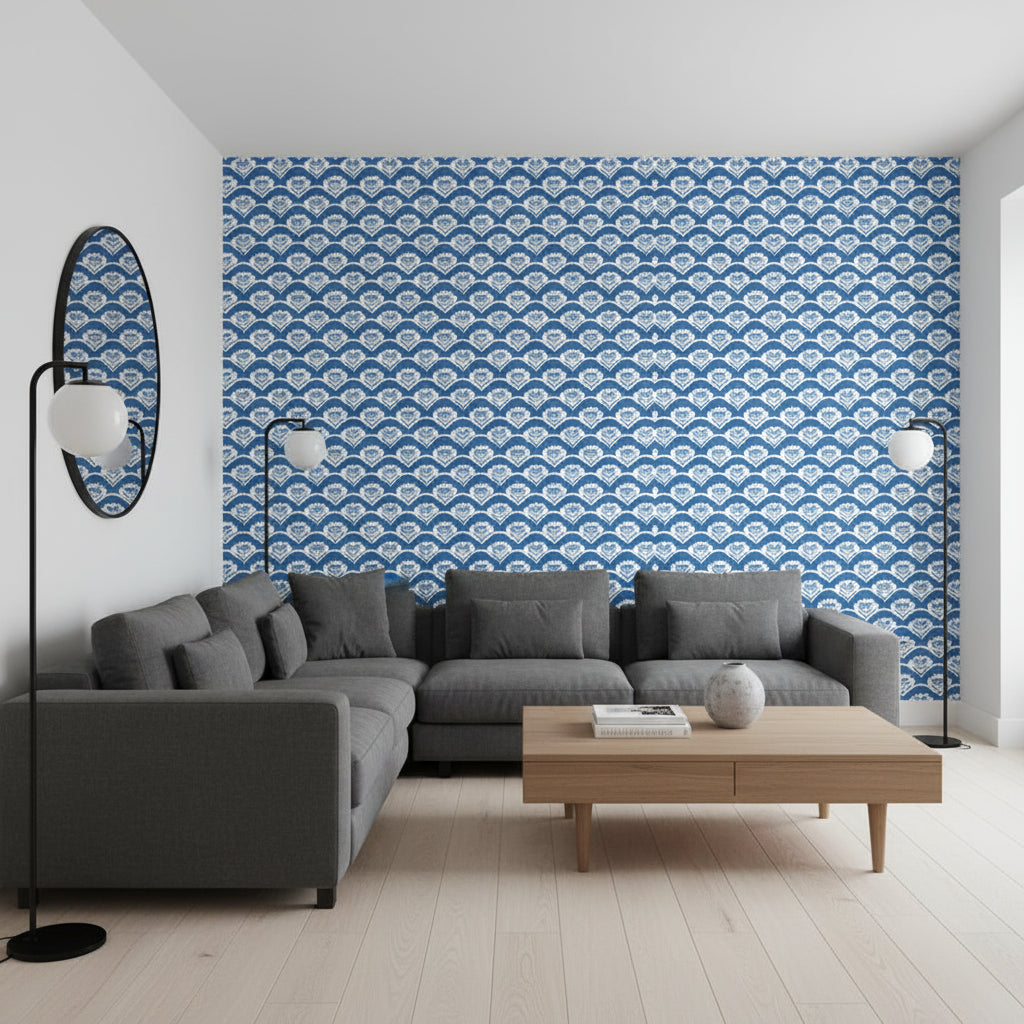 EMILY Navy | Thibaut Wallcoverings - Living Room Visualization (AI-generated, may not be to scale. Verify pattern scale with product specifications.)