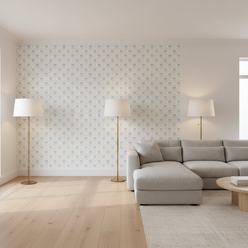 EMILY Beige and Blue | Thibaut Wallcoverings - Living Room Visualization (AI-generated, may not be to scale. Verify pattern scale with product specifications.)