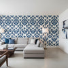 INDIES IKAT Navy | Thibaut Wallcoverings - Living Room Visualization (AI-generated, may not be to scale. Verify pattern scale with product specifications.)