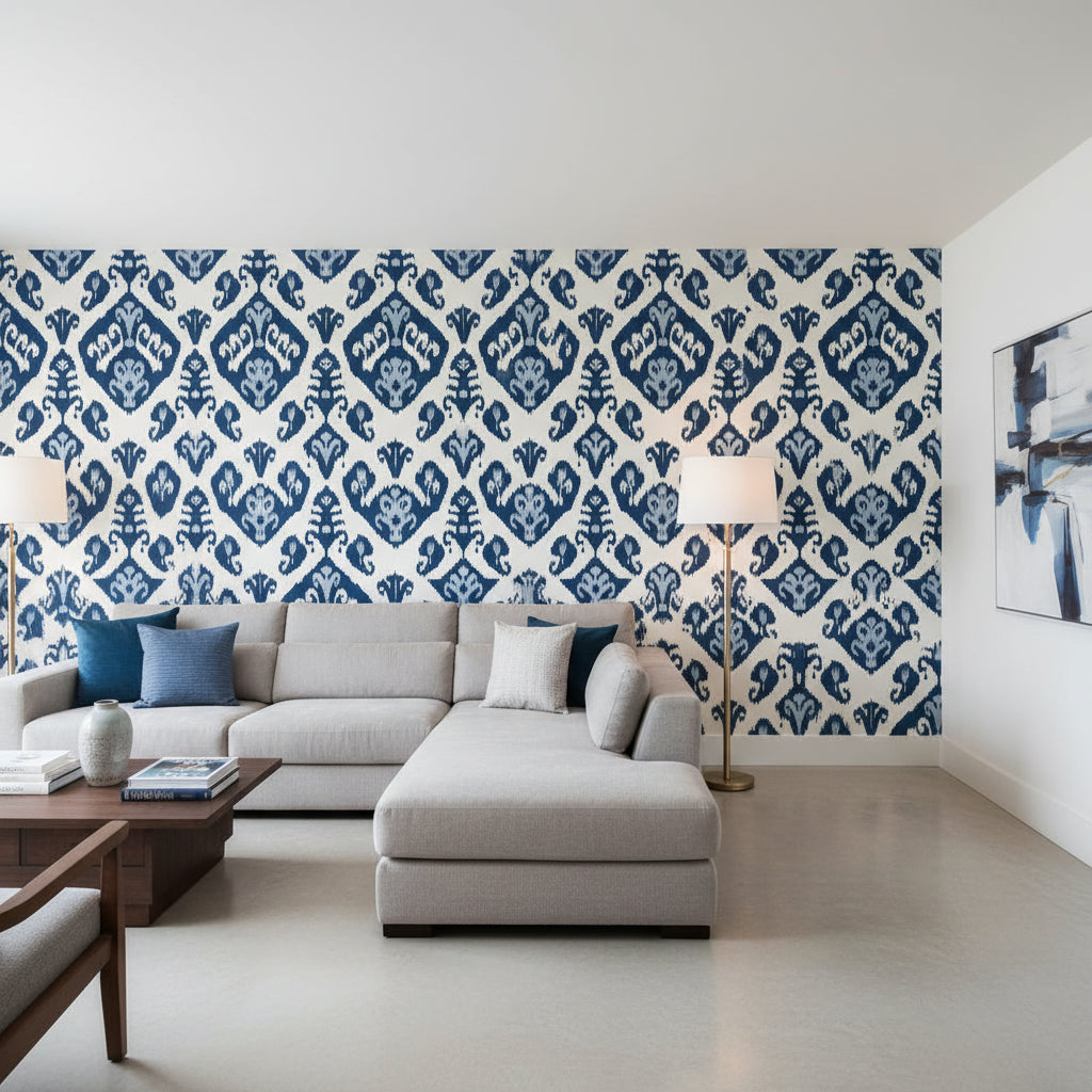 INDIES IKAT Navy | Thibaut Wallcoverings - Living Room Visualization (AI-generated, may not be to scale. Verify pattern scale with product specifications.)