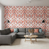 INDIES IKAT Coral | Thibaut Wallcoverings - Living Room Visualization (AI-generated, may not be to scale. Verify pattern scale with product specifications.)