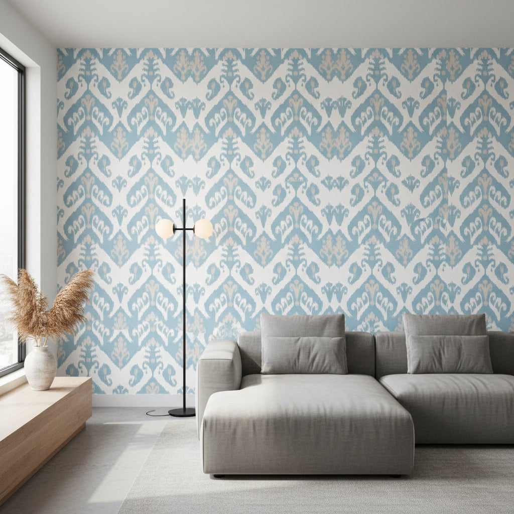 INDIES IKAT French Blue | Thibaut Wallcoverings - Living Room Visualization (AI-generated, may not be to scale. Verify pattern scale with product specifications.)
