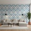 INDIES IKAT Lavender and French Blue | Thibaut Wallcoverings - Living Room Visualization (AI-generated, may not be to scale. Verify pattern scale with product specifications.)
