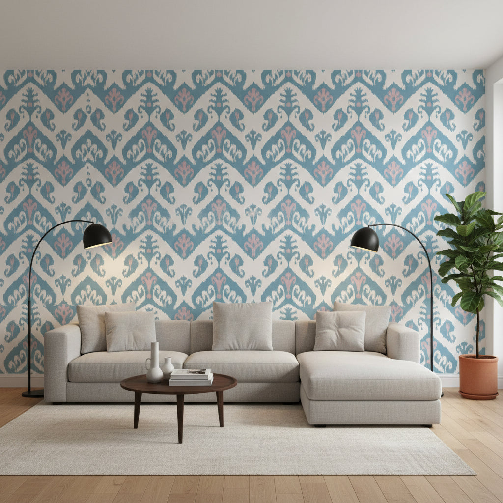 INDIES IKAT Lavender and French Blue | Thibaut Wallcoverings - Living Room Visualization (AI-generated, may not be to scale. Verify pattern scale with product specifications.)