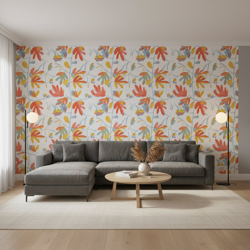 MATISSE LEAF Coral and Yellow | Thibaut Wallcoverings - Living Room Visualization (AI-generated, may not be to scale. Verify pattern scale with product specifications.)