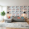 MATISSE LEAF French Blue and Coral | Thibaut Wallcoverings - Living Room Visualization (AI-generated, may not be to scale. Verify pattern scale with product specifications.)