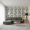 MATISSE LEAF Black and Green | Thibaut Wallcoverings - Living Room Visualization (AI-generated, may not be to scale. Verify pattern scale with product specifications.)