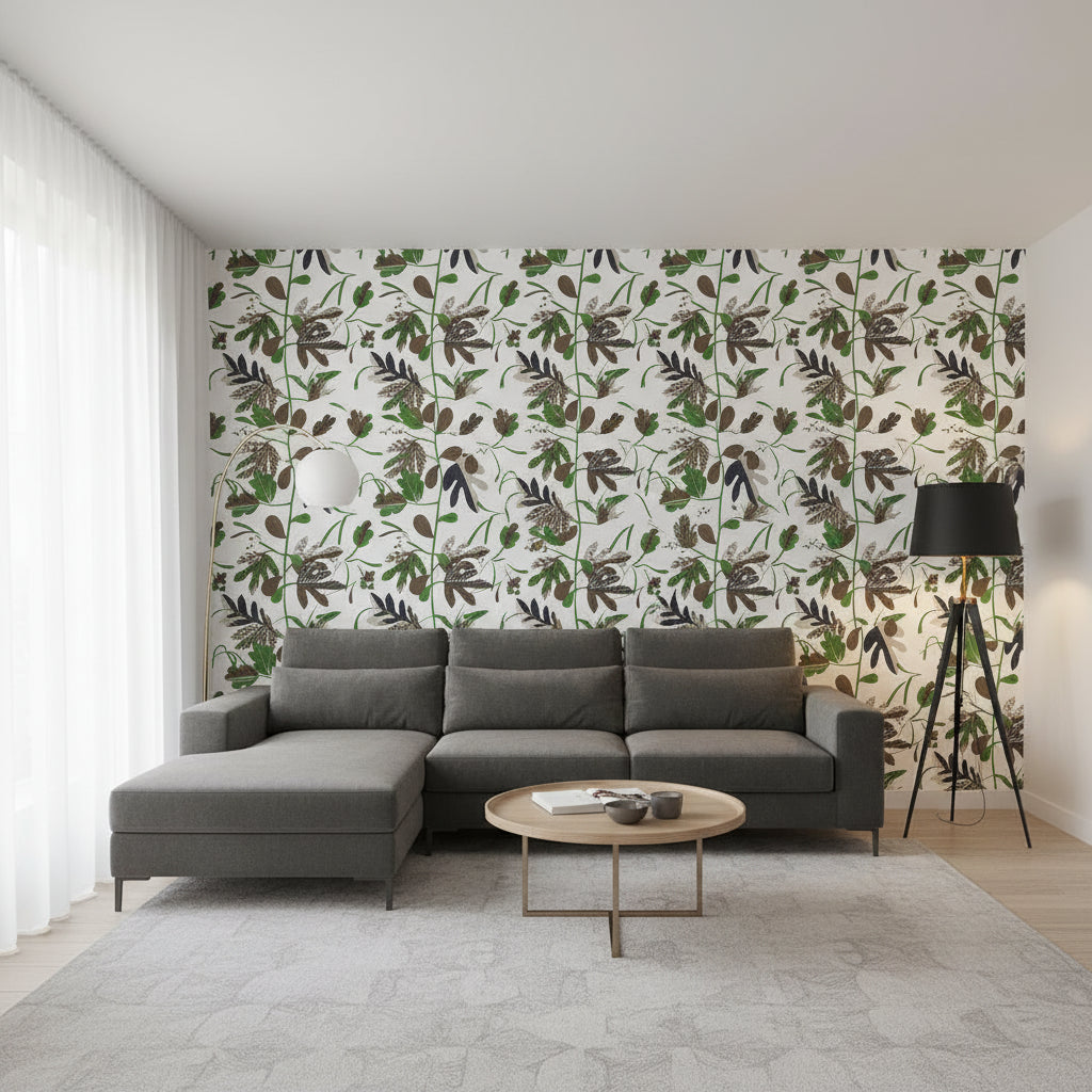 MATISSE LEAF Black and Green | Thibaut Wallcoverings - Living Room Visualization (AI-generated, may not be to scale. Verify pattern scale with product specifications.)