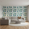 MATISSE LEAF Green and Blue | Thibaut Wallcoverings - Living Room Visualization (AI-generated, may not be to scale. Verify pattern scale with product specifications.)