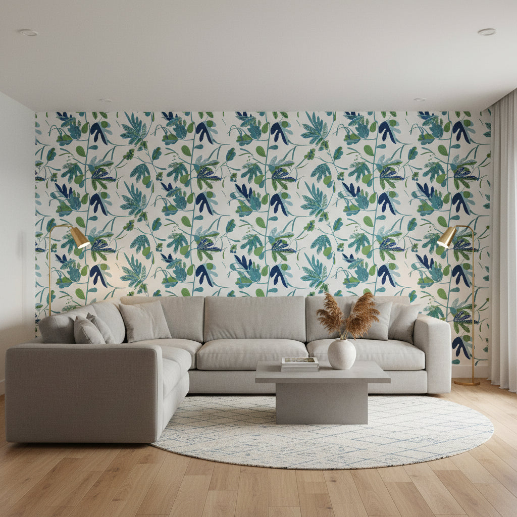 MATISSE LEAF Green and Blue | Thibaut Wallcoverings - Living Room Visualization (AI-generated, may not be to scale. Verify pattern scale with product specifications.)
