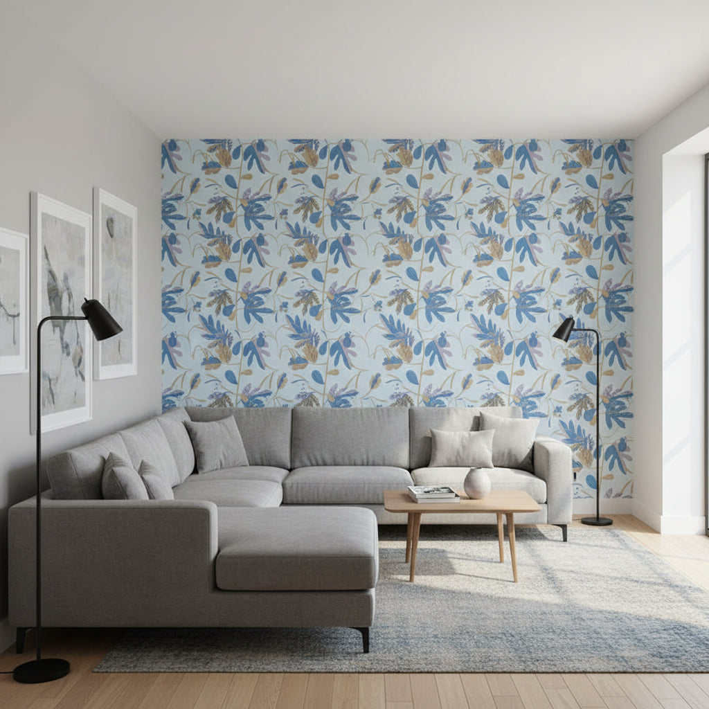 MATISSE LEAF Lavender and Blue | Thibaut Wallcoverings - Living Room Visualization (AI-generated, may not be to scale. Verify pattern scale with product specifications.)