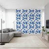 MATISSE LEAF Blue and White | Thibaut Wallcoverings - Living Room Visualization (AI-generated, may not be to scale. Verify pattern scale with product specifications.)