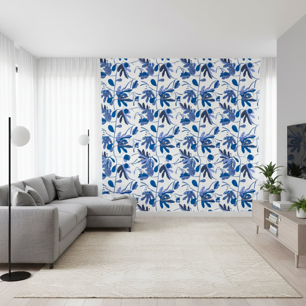 MATISSE LEAF Blue and White | Thibaut Wallcoverings - Living Room Visualization (AI-generated, may not be to scale. Verify pattern scale with product specifications.)