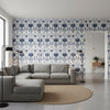 MENDOZA SUZANI Blue and White | Thibaut Wallcoverings - Living Room Visualization (AI-generated, may not be to scale. Verify pattern scale with product specifications.)