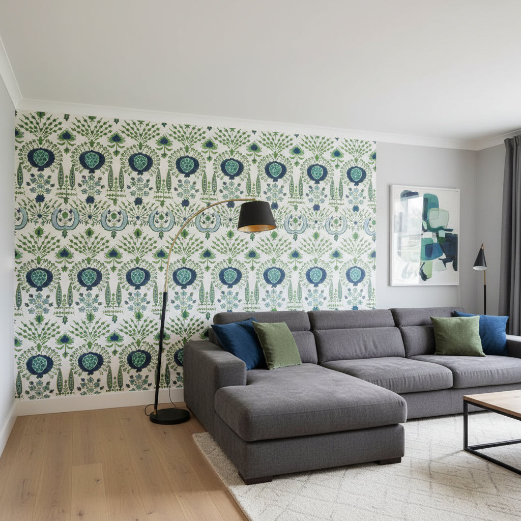 MENDOZA SUZANI Blue and Green on White | Thibaut Wallcoverings - Living Room Visualization (AI-generated, may not be to scale. Verify pattern scale with product specifications.)