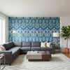 MENDOZA SUZANI Blue and Green on Navy | Thibaut Wallcoverings - Living Room Visualization (AI-generated, may not be to scale. Verify pattern scale with product specifications.)