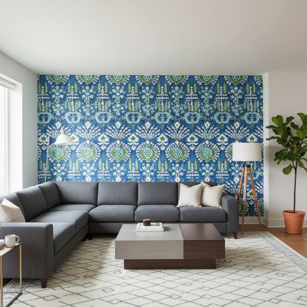MENDOZA SUZANI Blue and Green on Navy | Thibaut Wallcoverings - Living Room Visualization (AI-generated, may not be to scale. Verify pattern scale with product specifications.)