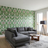 MENDOZA SUZANI Green | Thibaut Wallcoverings - Living Room Visualization (AI-generated, may not be to scale. Verify pattern scale with product specifications.)