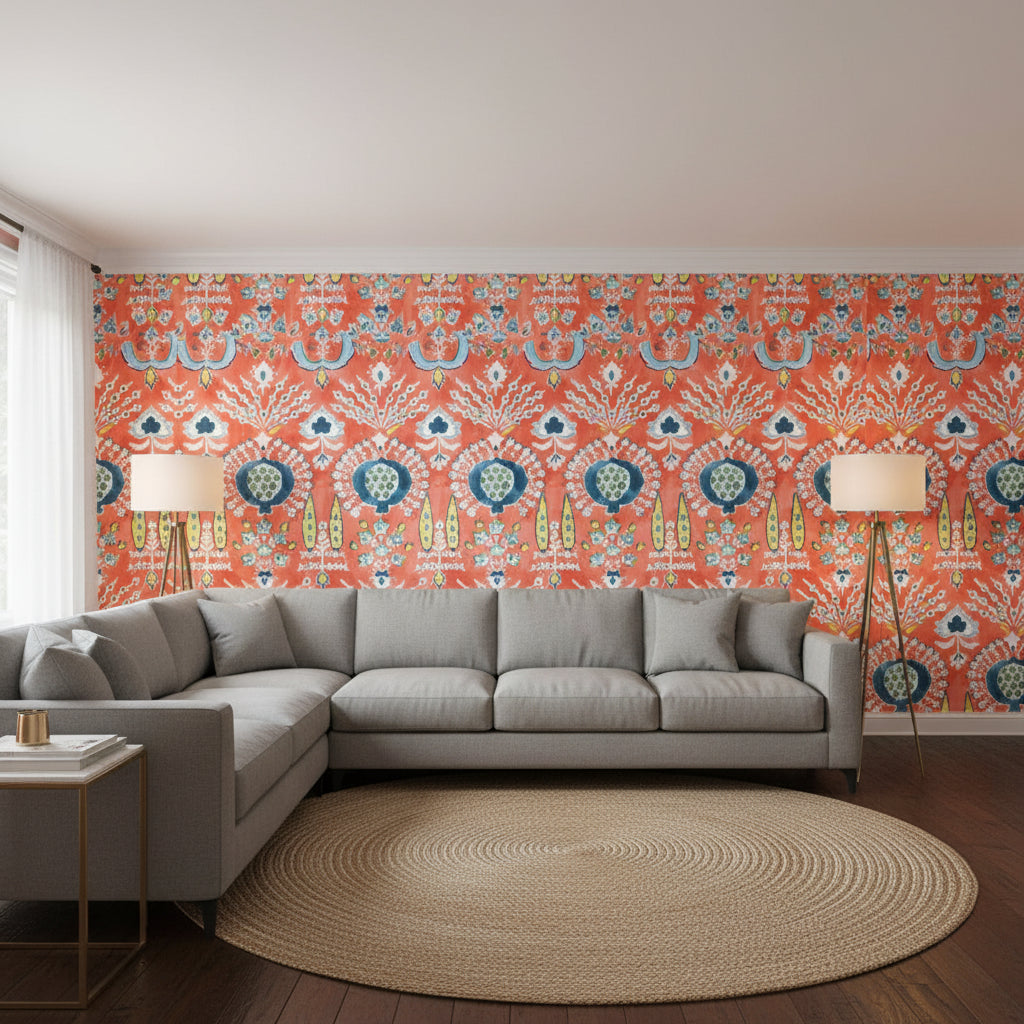 MENDOZA SUZANI Coral | Thibaut Wallcoverings - Living Room Visualization (AI-generated, may not be to scale. Verify pattern scale with product specifications.)