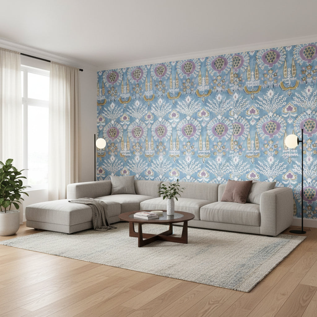 MENDOZA SUZANI French Blue and Lavender | Thibaut Wallcoverings - Living Room Visualization (AI-generated, may not be to scale. Verify pattern scale with product specifications.)