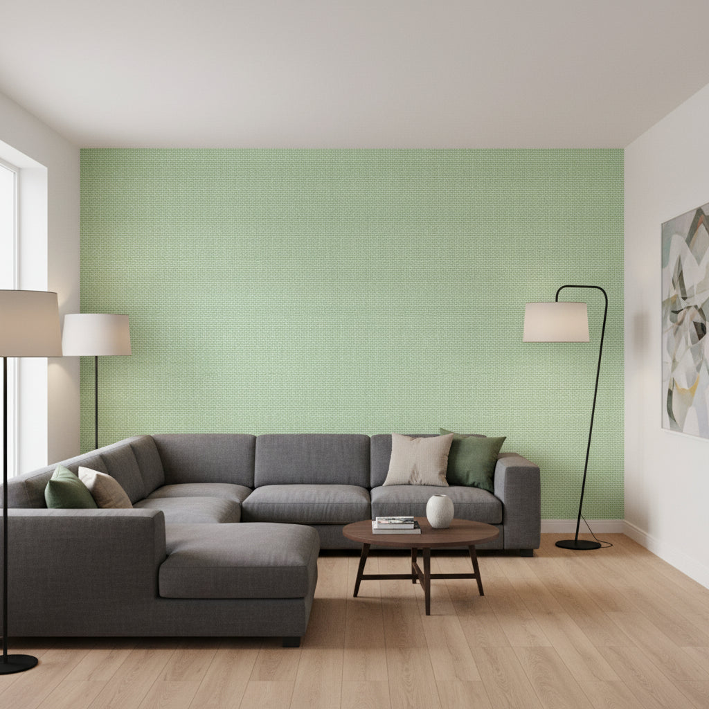 PALAWAN Green | Thibaut Wallcoverings - Living Room Visualization (AI-generated, may not be to scale. Verify pattern scale with product specifications.)