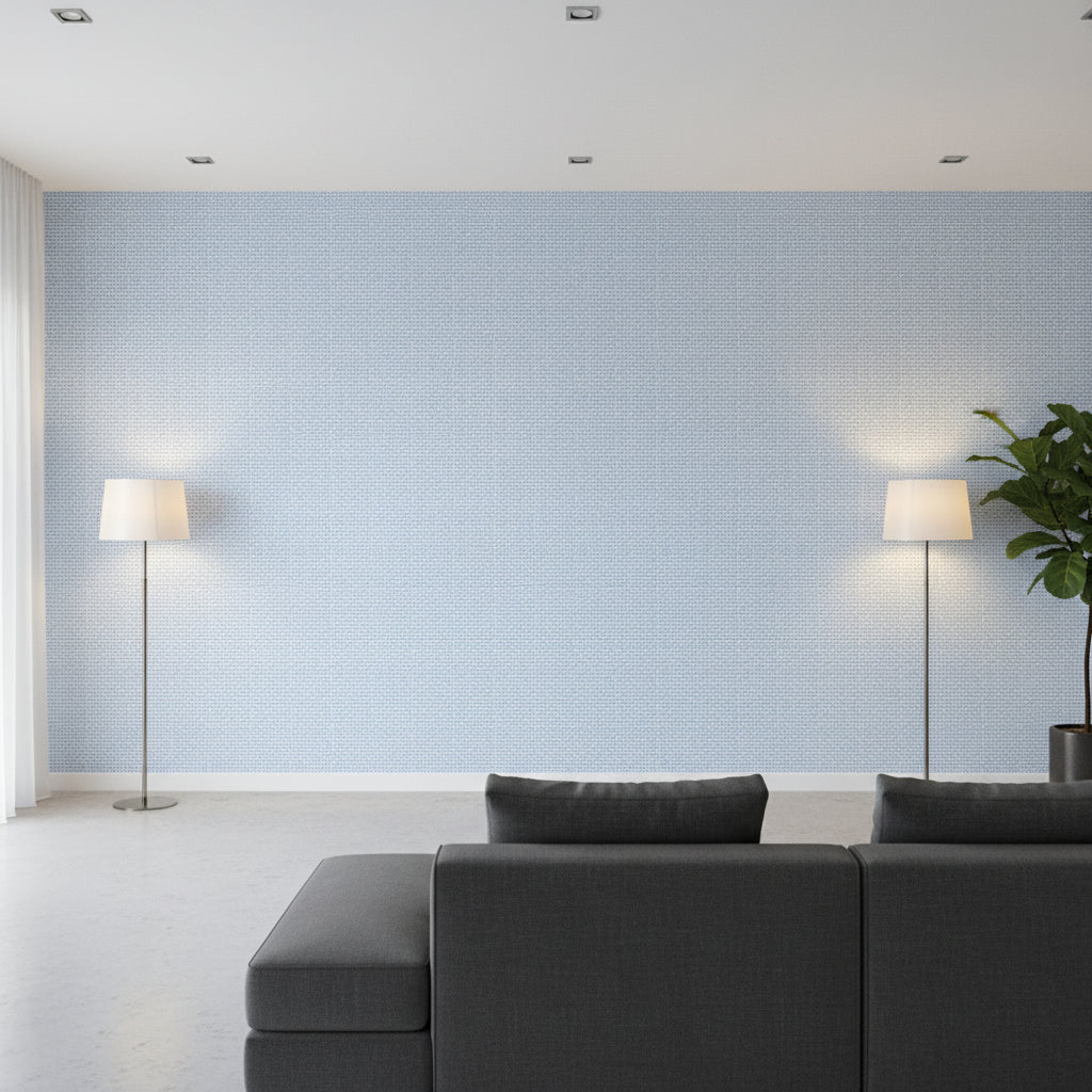 PALAWAN Blue | Thibaut Wallcoverings - Living Room Visualization (AI-generated, may not be to scale. Verify pattern scale with product specifications.)