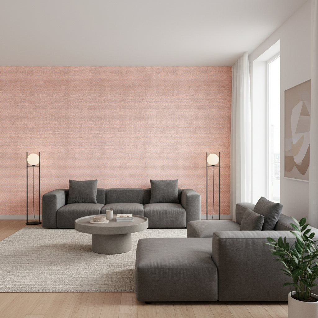 PALAWAN Coral | Thibaut Wallcoverings - Living Room Visualization (AI-generated, may not be to scale. Verify pattern scale with product specifications.)