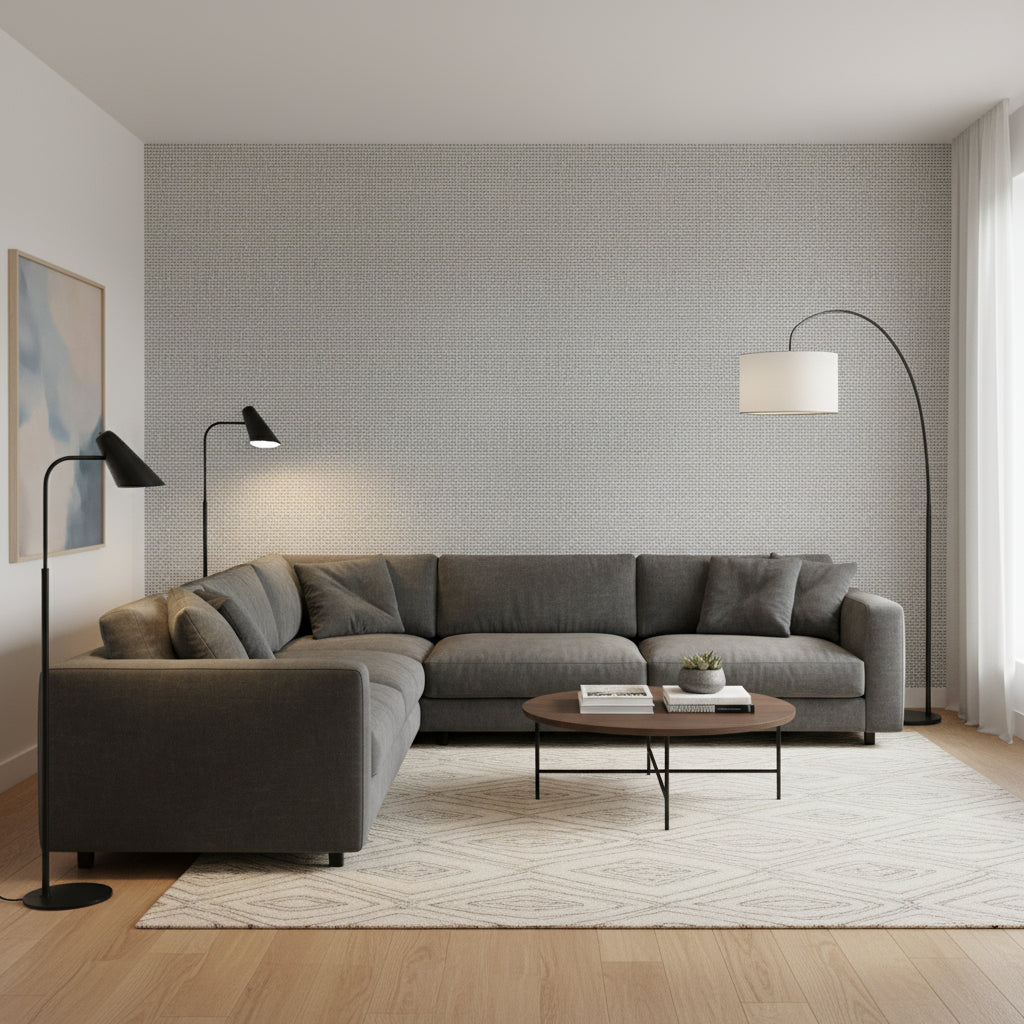 PALAWAN Charcoal | Thibaut Wallcoverings - Living Room Visualization (AI-generated, may not be to scale. Verify pattern scale with product specifications.)