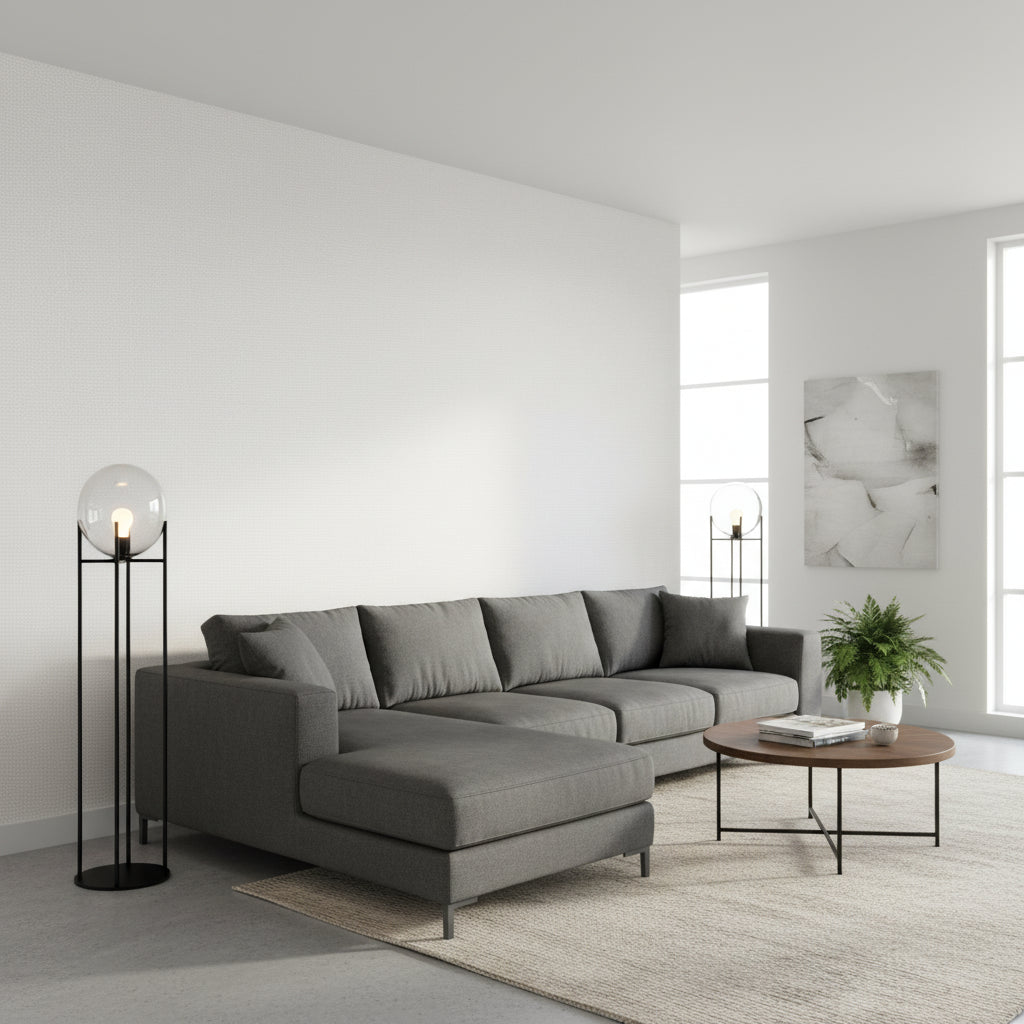 PALAWAN Beige | Thibaut Wallcoverings - Living Room Visualization (AI-generated, may not be to scale. Verify pattern scale with product specifications.)