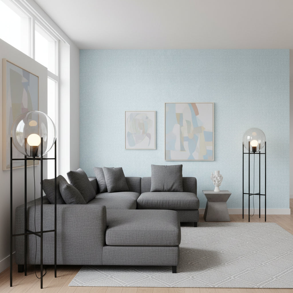 PALAWAN French Blue | Thibaut Wallcoverings - Living Room Visualization (AI-generated, may not be to scale. Verify pattern scale with product specifications.)
