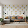 TYBEE BUD Coral and Yellow | Thibaut Wallcoverings - Living Room Visualization (AI-generated, may not be to scale. Verify pattern scale with product specifications.)