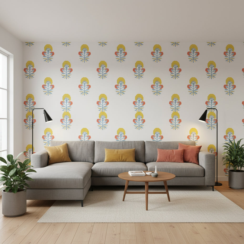 TYBEE BUD Coral and Yellow | Thibaut Wallcoverings - Living Room Visualization (AI-generated, may not be to scale. Verify pattern scale with product specifications.)