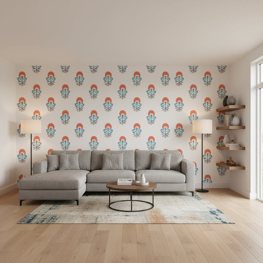 TYBEE BUD French Blue and Coral | Thibaut Wallcoverings - Living Room Visualization (AI-generated, may not be to scale. Verify pattern scale with product specifications.)
