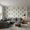 TYBEE BUD Black and Green | Thibaut Wallcoverings - Living Room Visualization (AI-generated, may not be to scale. Verify pattern scale with product specifications.)