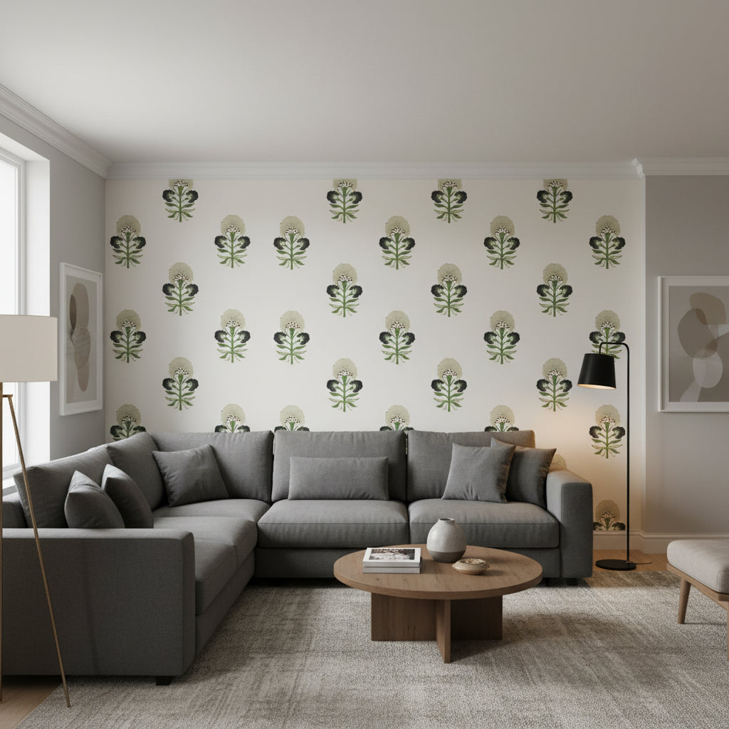 TYBEE BUD Black and Green | Thibaut Wallcoverings - Living Room Visualization (AI-generated, may not be to scale. Verify pattern scale with product specifications.)