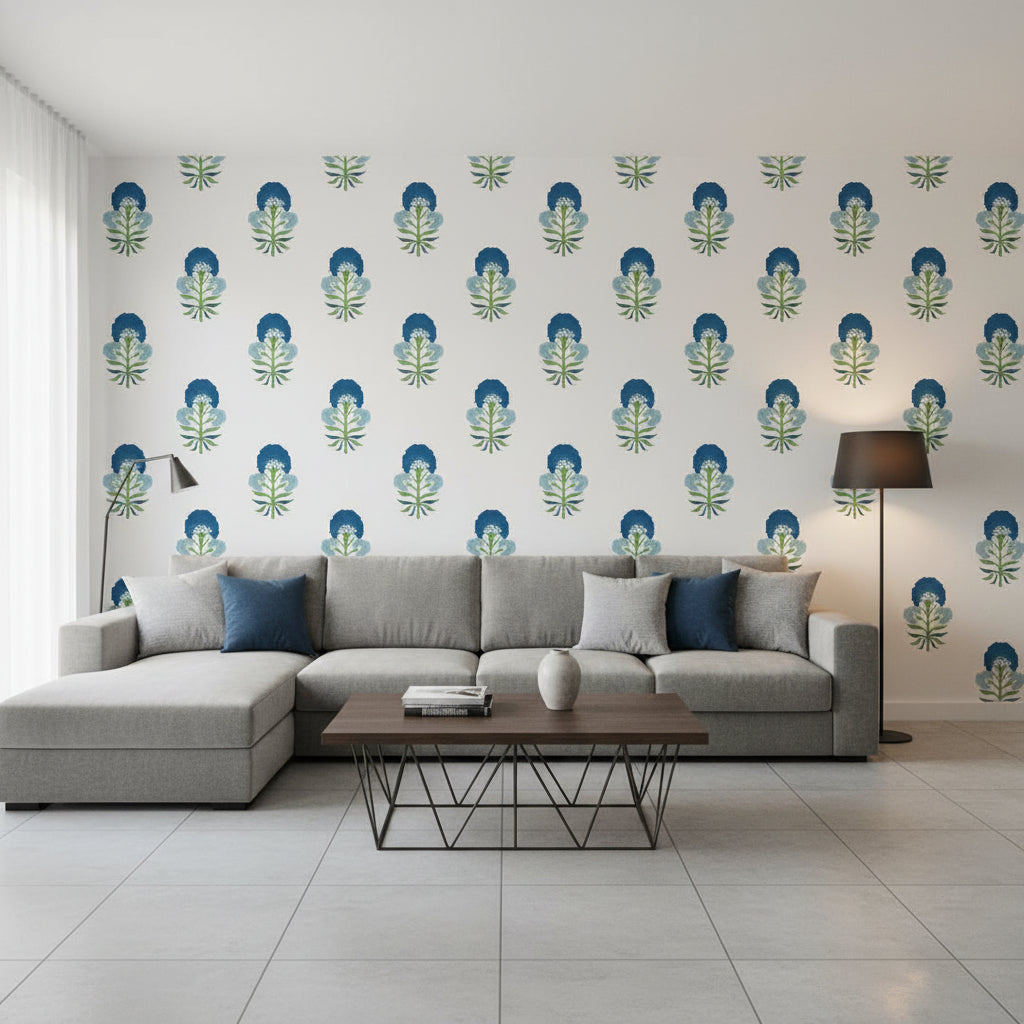 TYBEE BUD Green and Blue | Thibaut Wallcoverings - Living Room Visualization (AI-generated, may not be to scale. Verify pattern scale with product specifications.)